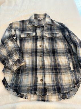 white birch Blue and Cream Plaid Shirt Jacket